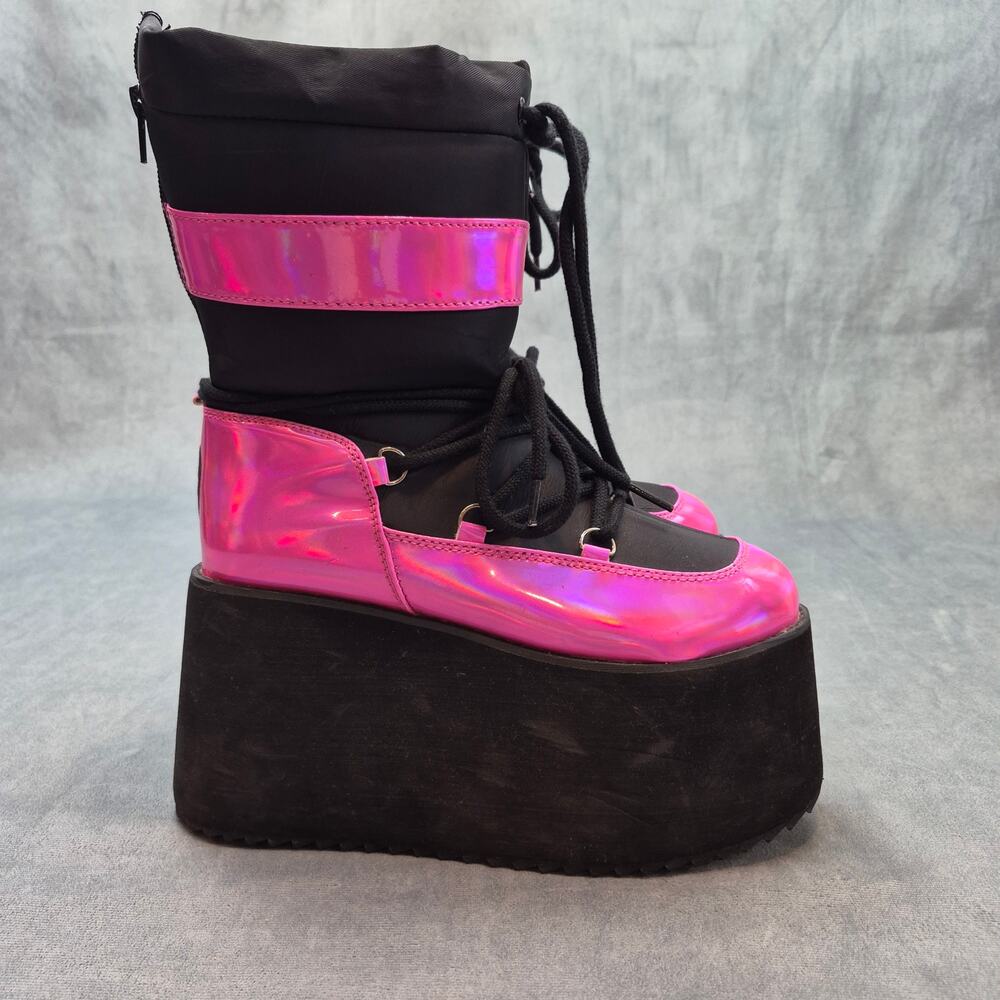 YRU Qronic Holographic Goth Punk Festival Rave Pink Platform Winter Boot Size 7 - Picture 3 of 9